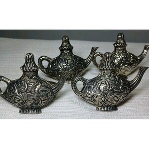 Set 4 Vintage Teapot Napkin Rings Silver Tone Victorian Tea Party‎ Decor